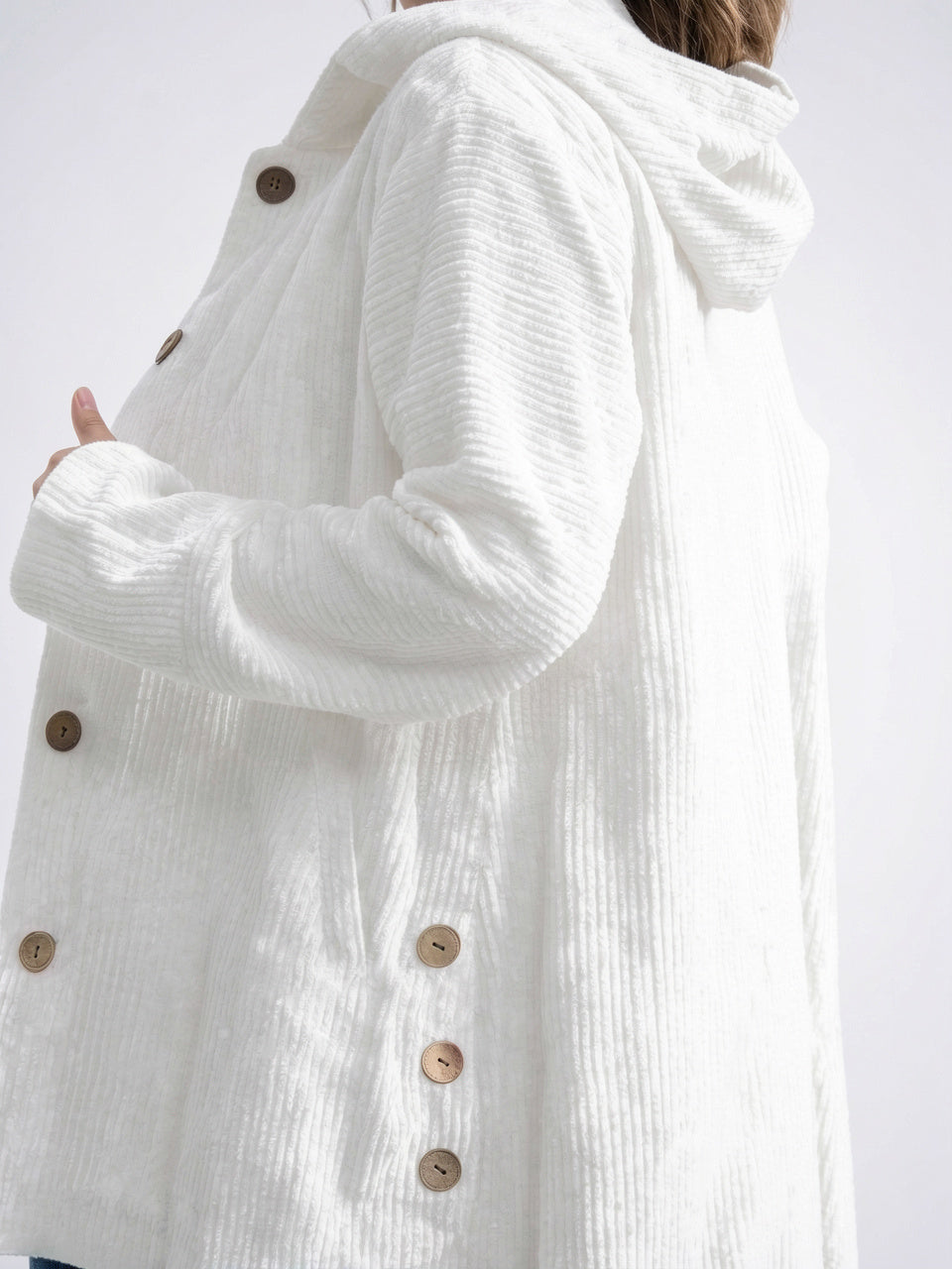 Veste Femme Drap Bouton Avant Capuche Col - Blanc S