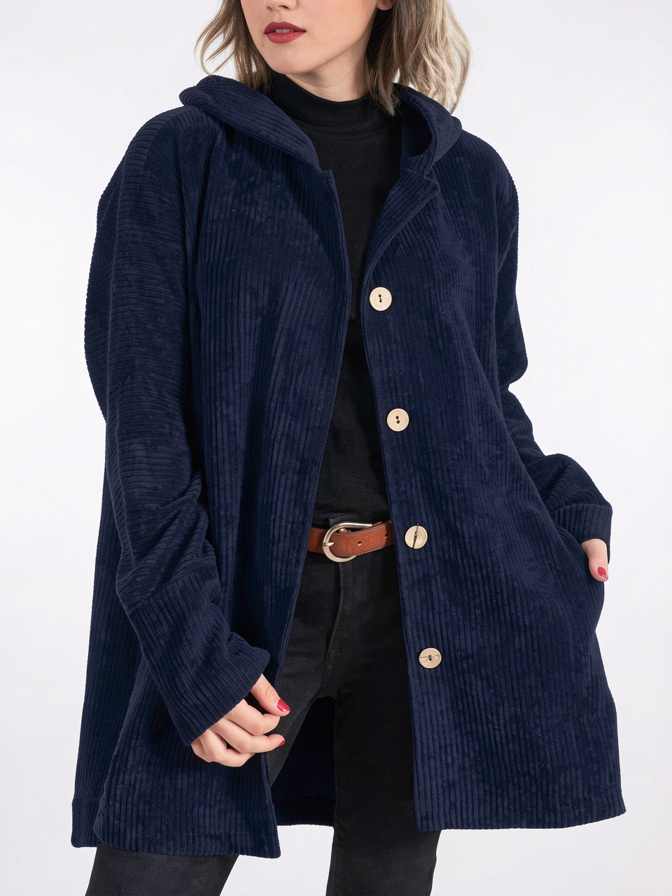 Veste Femme Drap Bouton Avant Capuche Col - Bleu Marine S