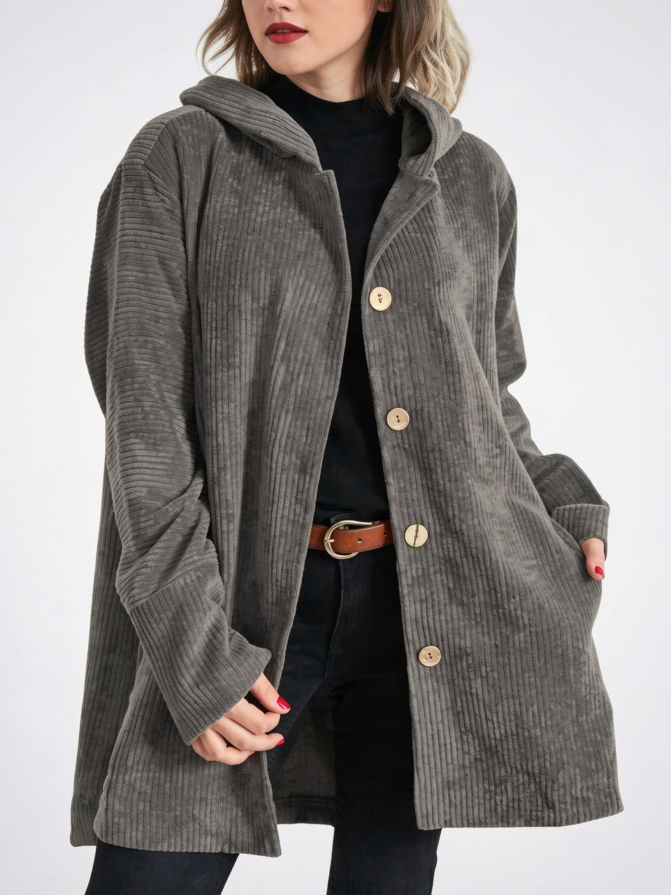 Veste Femme Drap Bouton Avant Capuche Col - Gris S