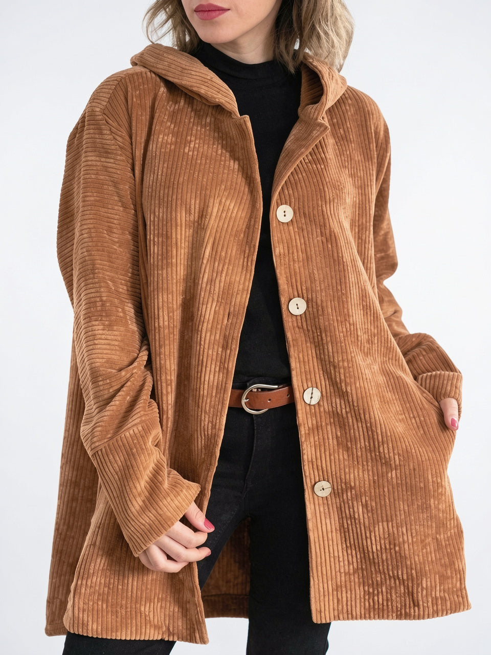 Veste Femme Drap Bouton Avant Capuche Col - Kaki S