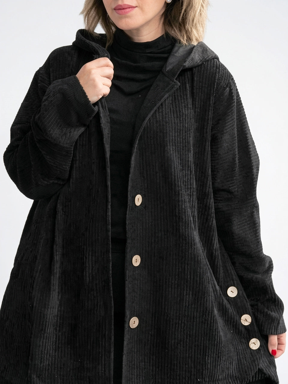 Veste Femme Drap Bouton Avant Capuche Col - Noir S