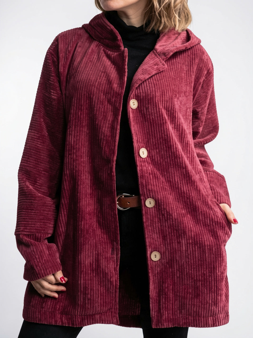 Veste Femme Drap Bouton Avant Capuche Col - Rouge S