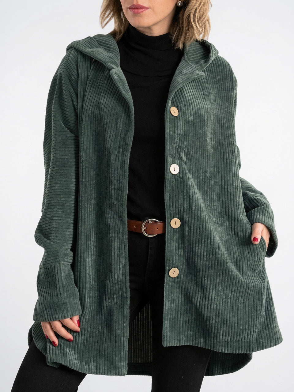 Veste Femme Drap Bouton Avant Capuche Col - Vert S