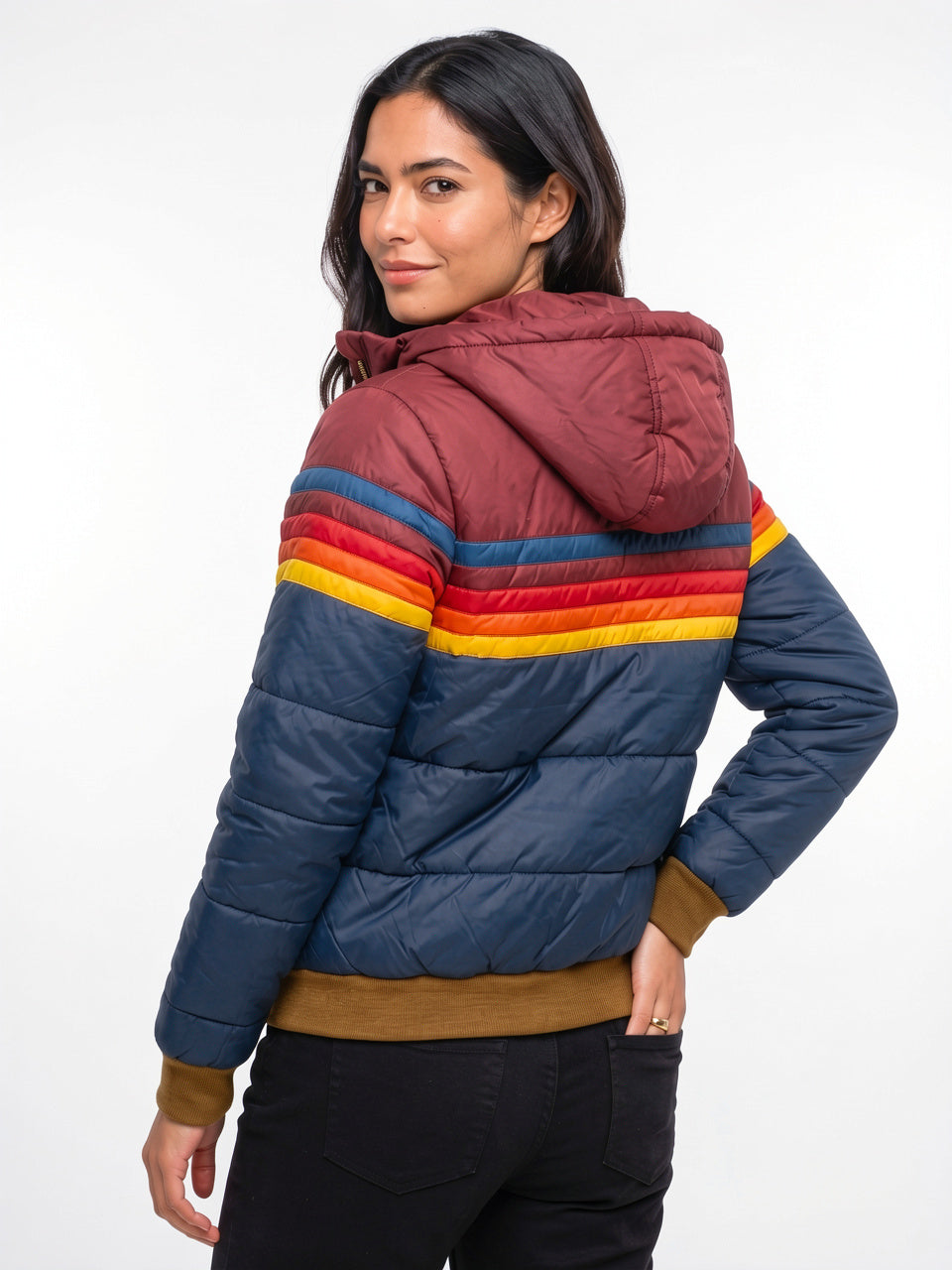 Veste Femme Rétro à Capuche Multicolore Courte Matelassée - 2