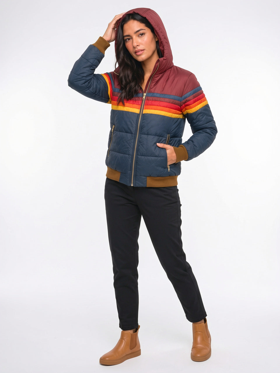 Veste Femme Rétro à Capuche Multicolore Courte Matelassée - 6