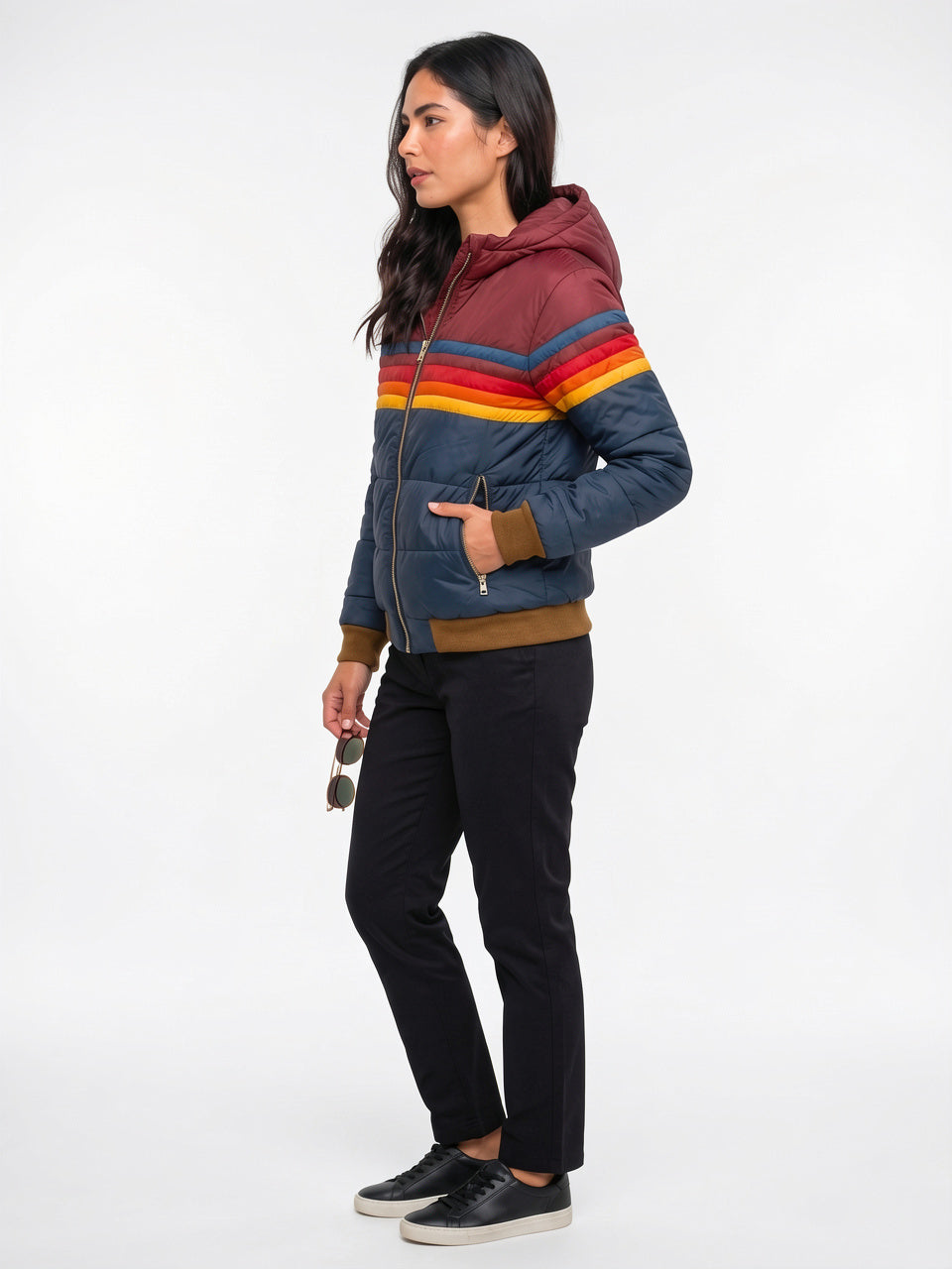 Veste Femme Rétro à Capuche Multicolore Courte Matelassée - 7