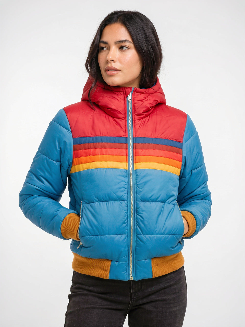 Veste Femme Rétro à Capuche Multicolore Courte Matelassée - Bleu Clair XS
