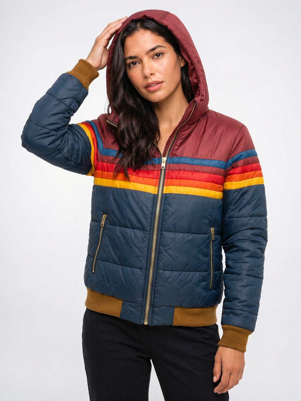 Veste Femme Rétro à Capuche Multicolore Courte Matelassée - Marine XS