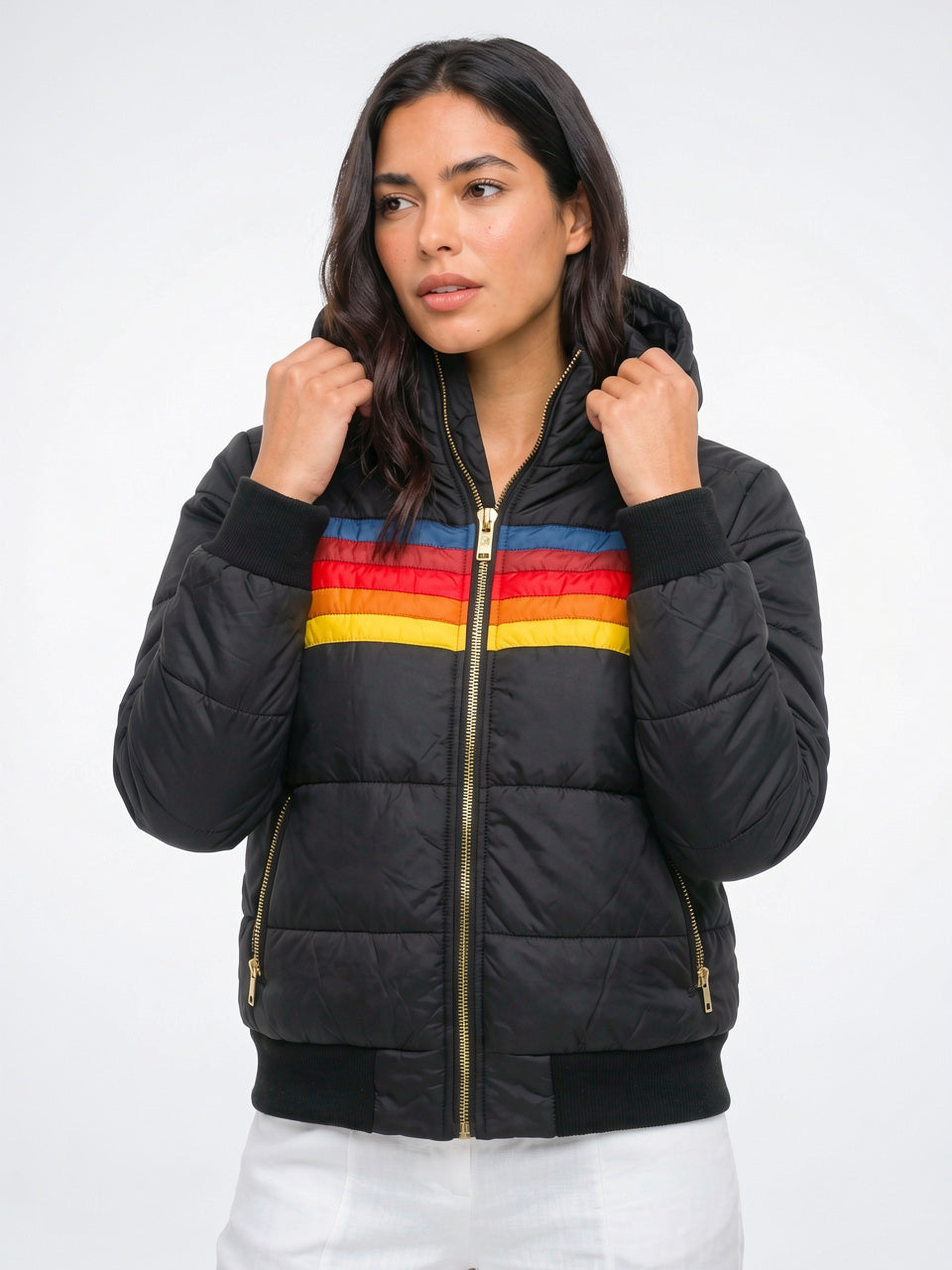 Veste Femme Rétro à Capuche Multicolore Courte Matelassée - Noir XS