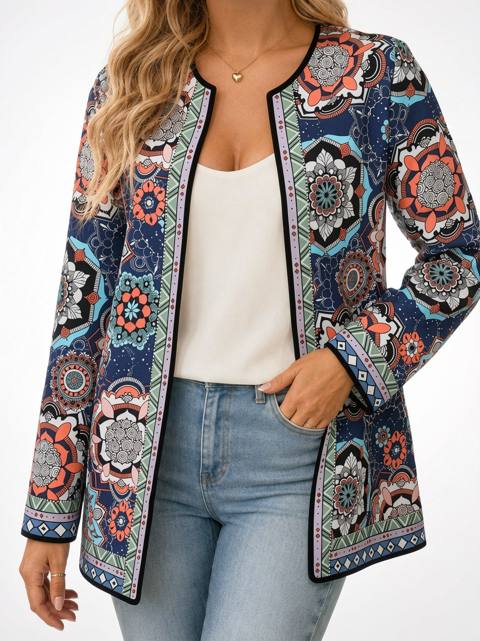 Veste Imprimée Femme Manches Longues Décontractée - Bleu Marine Multicolore XS