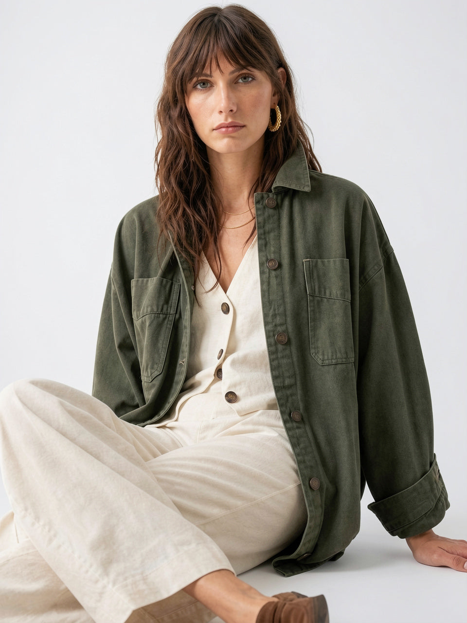 Veste Jean Denim Délavée Oversize Femme - Vert Forêt S