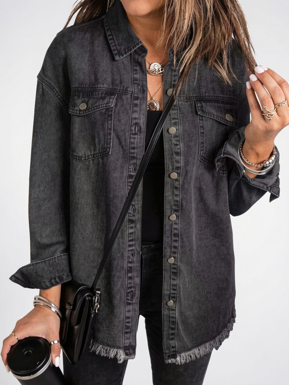 Veste Jean Femme Distressée Frangée Boutons Avant - Noir S