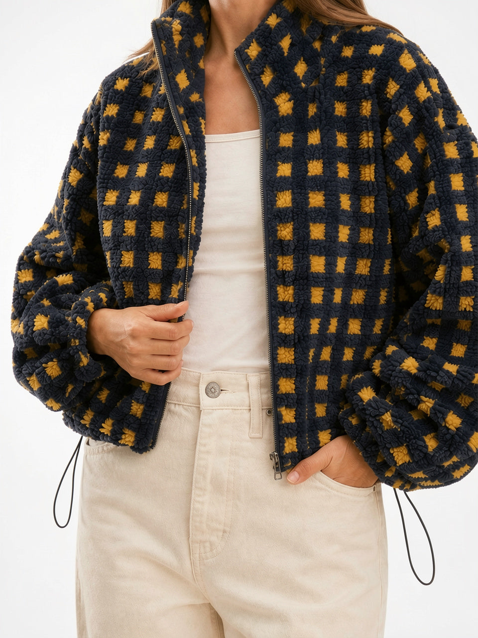 Veste Molleton Carreaux Zippée Femme Col Montant - Bleu Marine Carreau XS