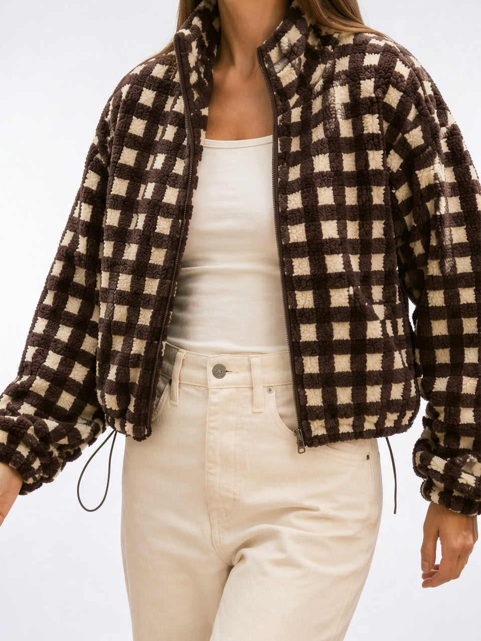 Veste Molleton Carreaux Zippée Femme Col Montant - Café Carreau XS