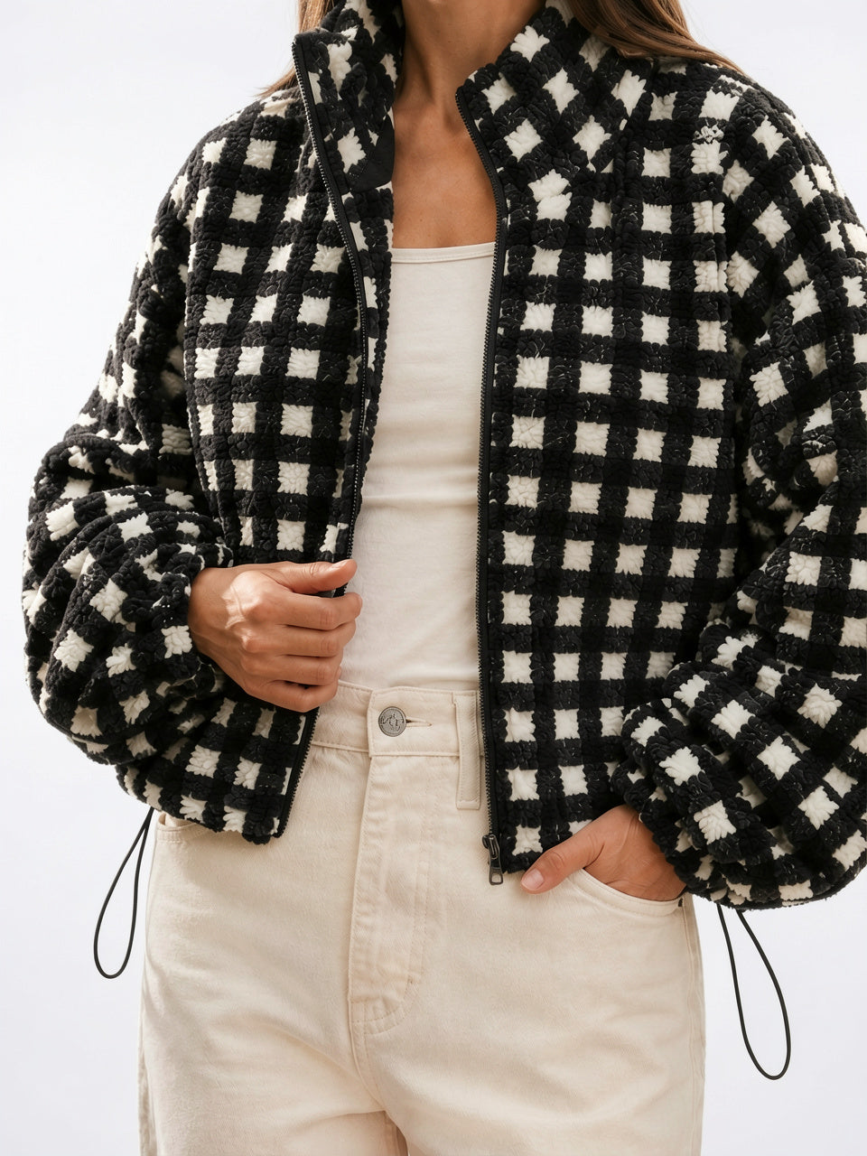Veste Molleton Carreaux Zippée Femme Col Montant - Noir Carreau XS