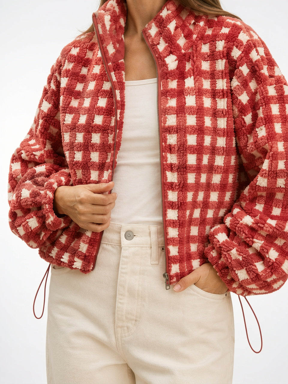 Veste Molleton Carreaux Zippée Femme Col Montant - Terracotta Carreau XS