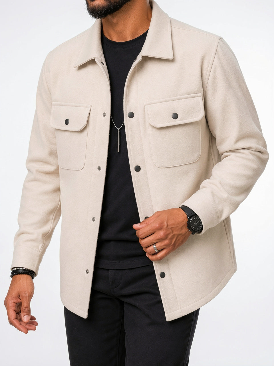 Veste Poche Surchemise Homme Poches Col Décontractée - Beige Clair XS