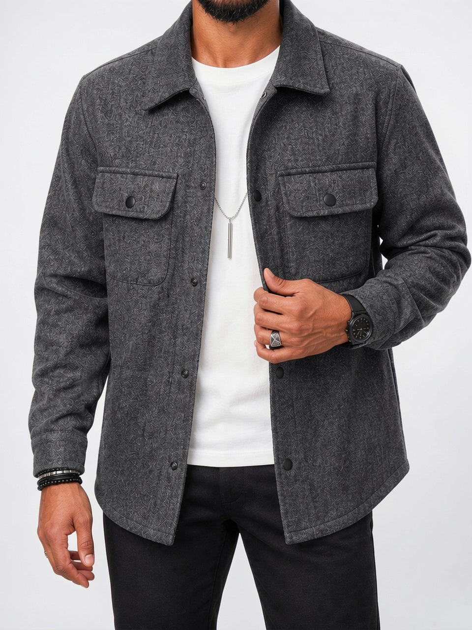 Veste Poche Surchemise Homme Poches Col Décontractée - Gris Foncé XS