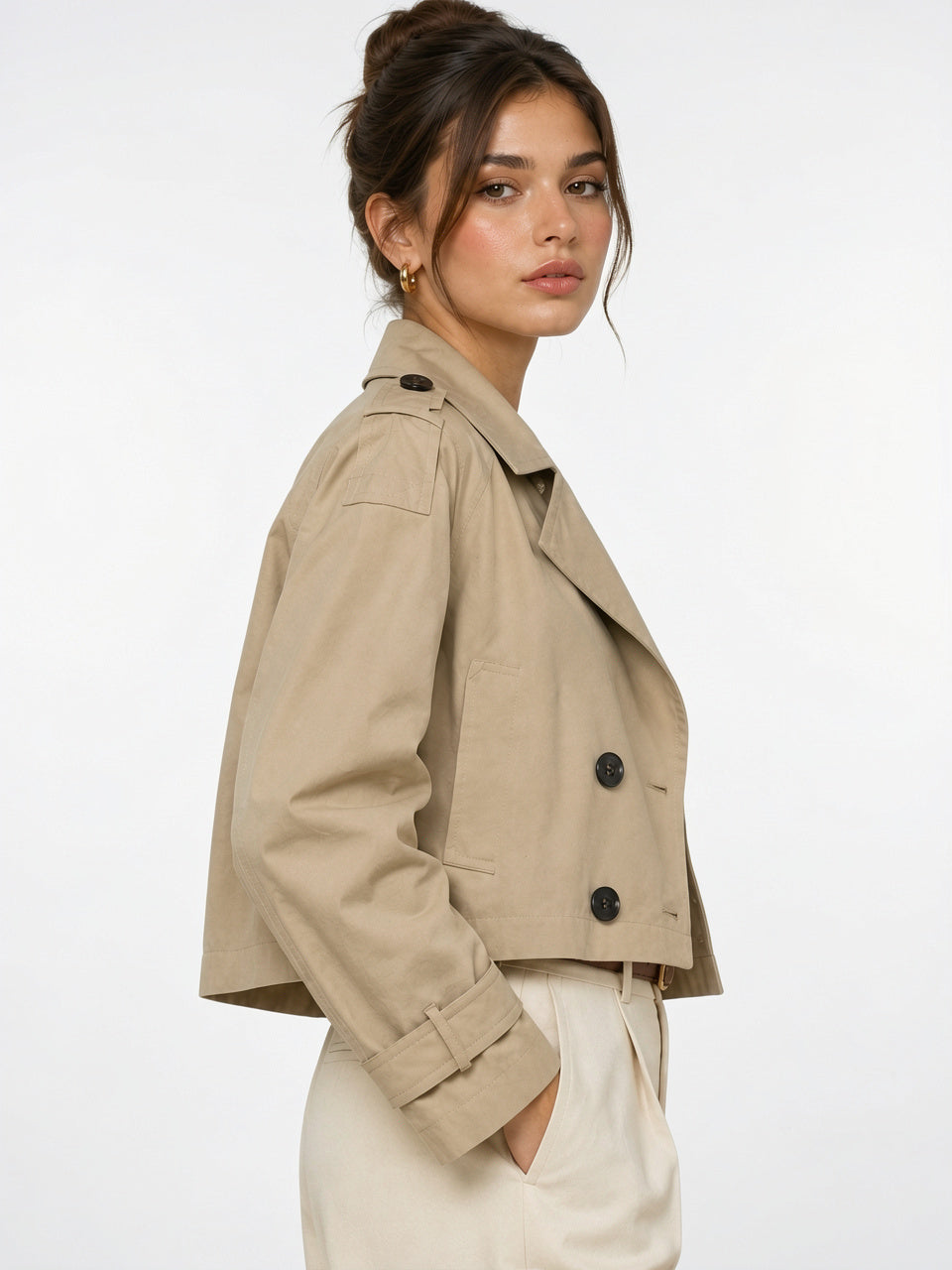 Veste Trench Courte Croisée Double Bouton Classique Femme - 2