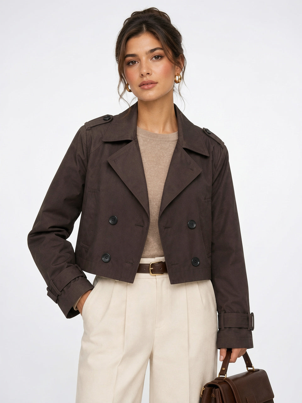 Veste Trench Courte Croisée Double Bouton Classique Femme - Marron XS