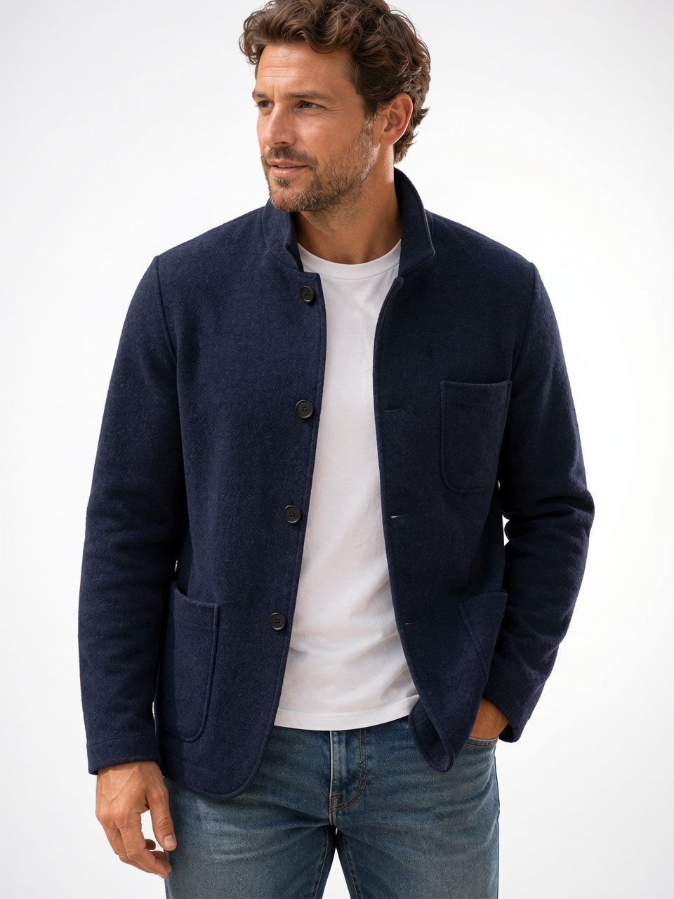 Veste Tricotée Homme Fermeture Bouton Col Montant Poche - Bleu S