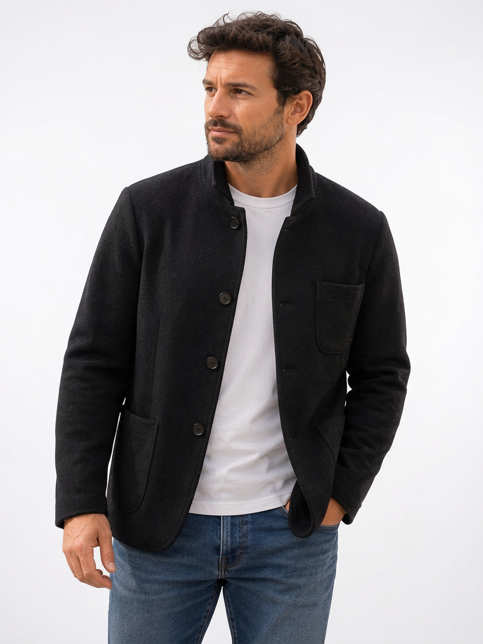 Veste Tricotée Homme Fermeture Bouton Col Montant Poche - Noir S