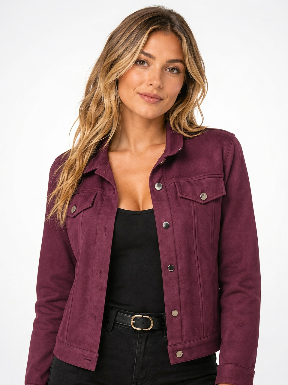 Veste Trucker Cuir Végan Boutons Avant Courte - Violet Foncé S